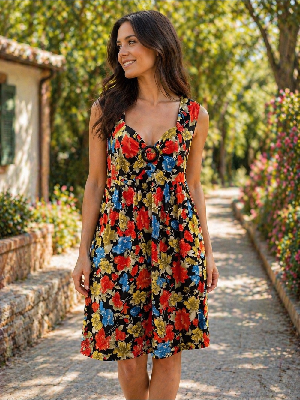 karin stevens Black Midi Dress with Red, Blue & Yellow Floral Print